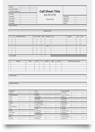 Blank call sheet for a film