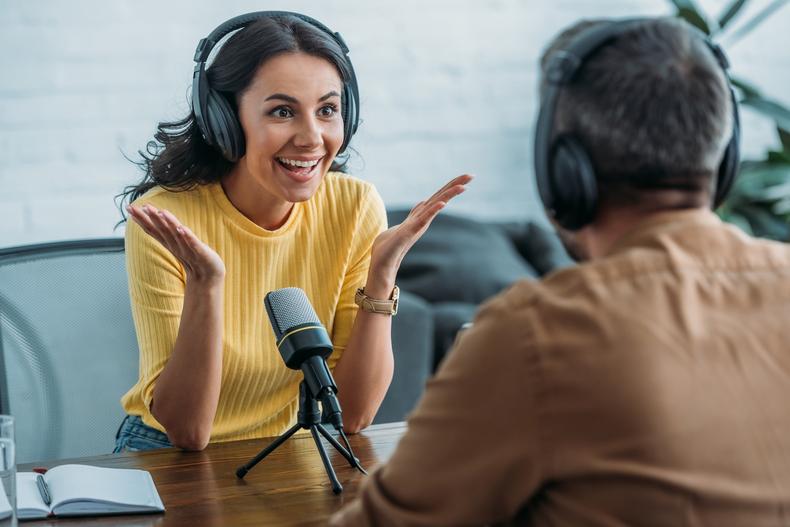 Duo recording a podcast