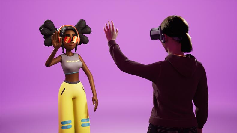 Woman waving to VR avatar