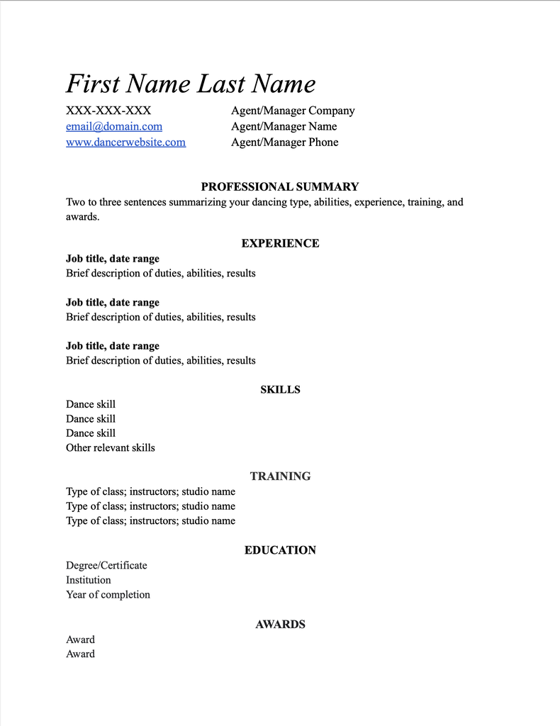 professional dance resume template