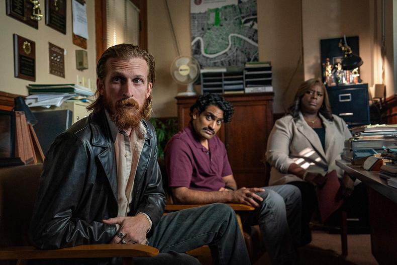 Austin Amelio as Jasper, Sanjay Rao as Phil and Retta as Claudette in Hit Man