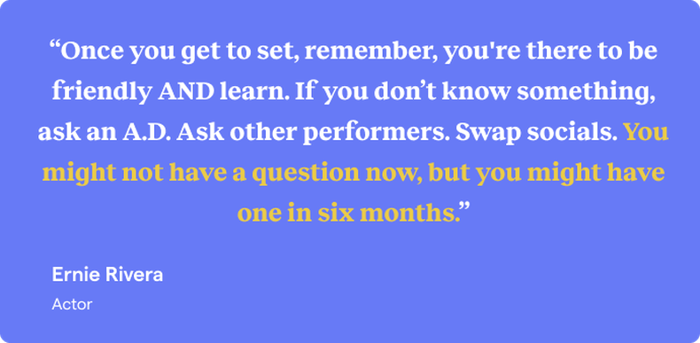 Image with blue background and white and gold text with quote from actor Ernie Rivera: Swap socials. You might not have a question now, but you might have one in six months.”