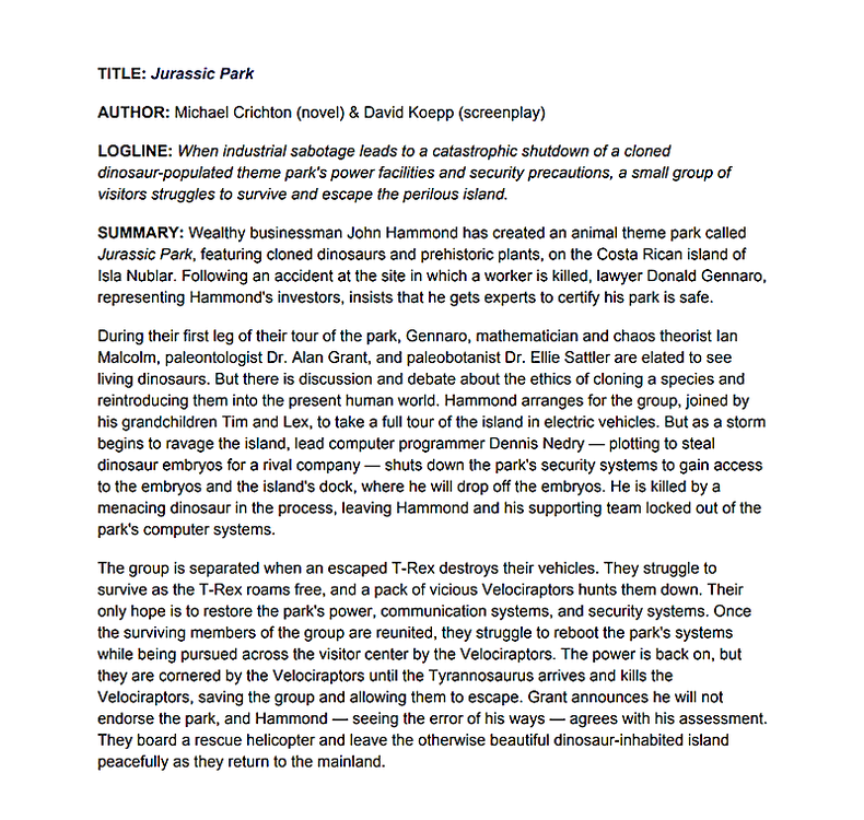 Jurassic Park one sheet film pitch