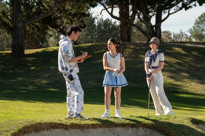 Lee Sung Jin, Cailee Spaeny and Carey Mulligan behind the scenes on “Beef.” Credit: Andrew Cooper/Netflix