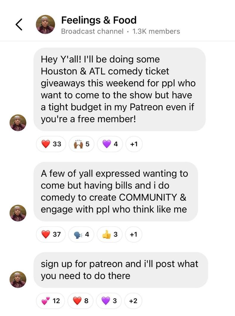 @jazmynw's Instagram broadcast channel. She shares there are members who want to attend but can't afford to purchase tickets. She shares details for a giveaway through her Patreon.