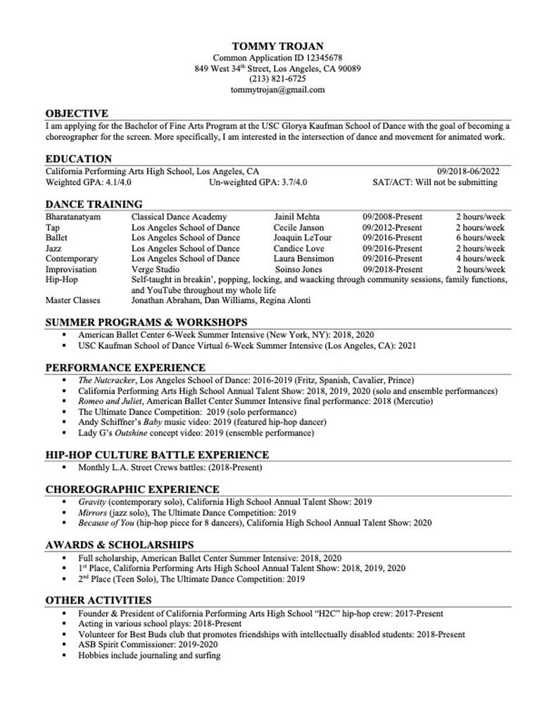 USC Glorya Kaufman School of Dance in Los Angeles CV Template