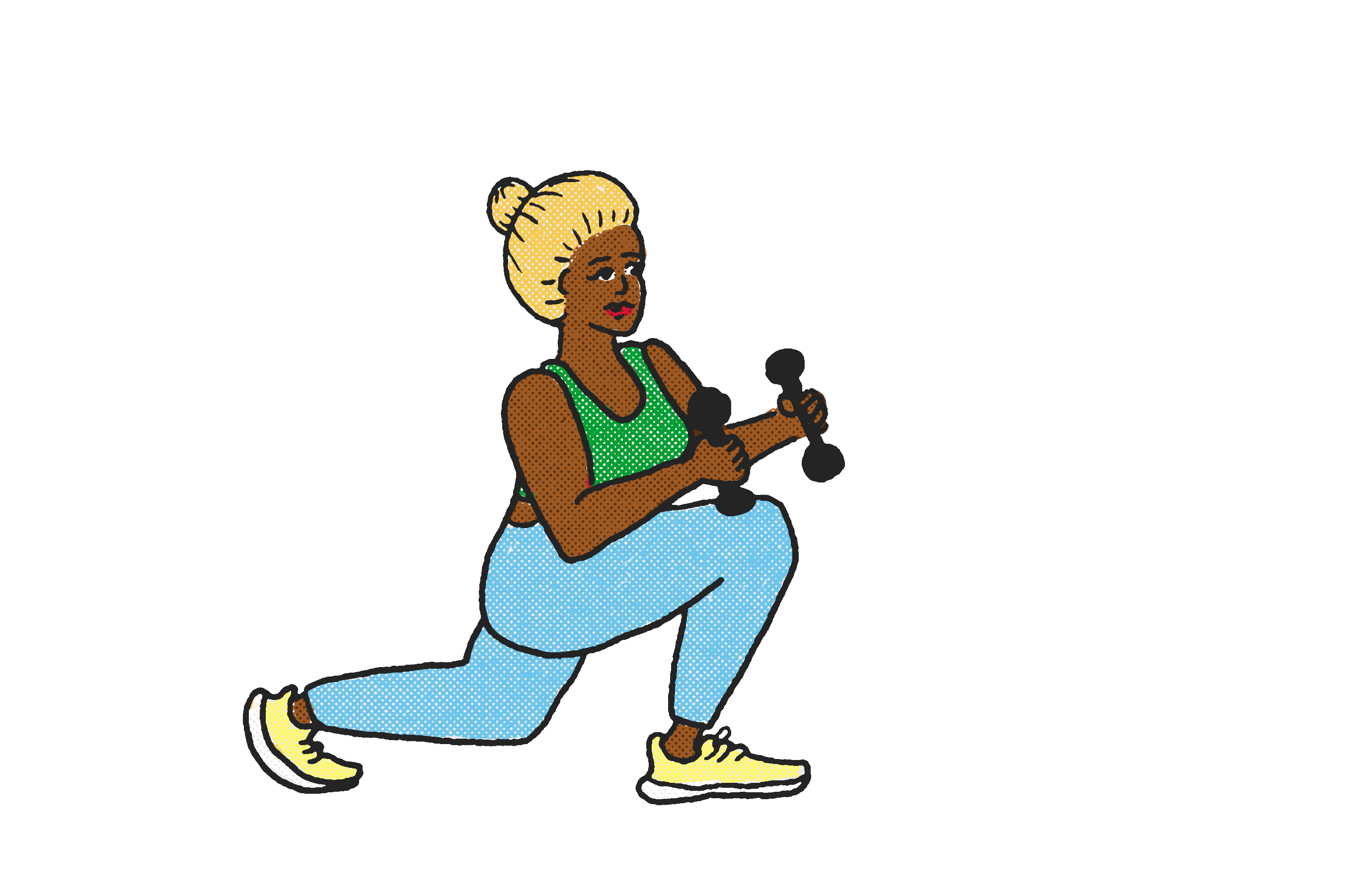 Drawing of woman doing lunges while holding dumbells